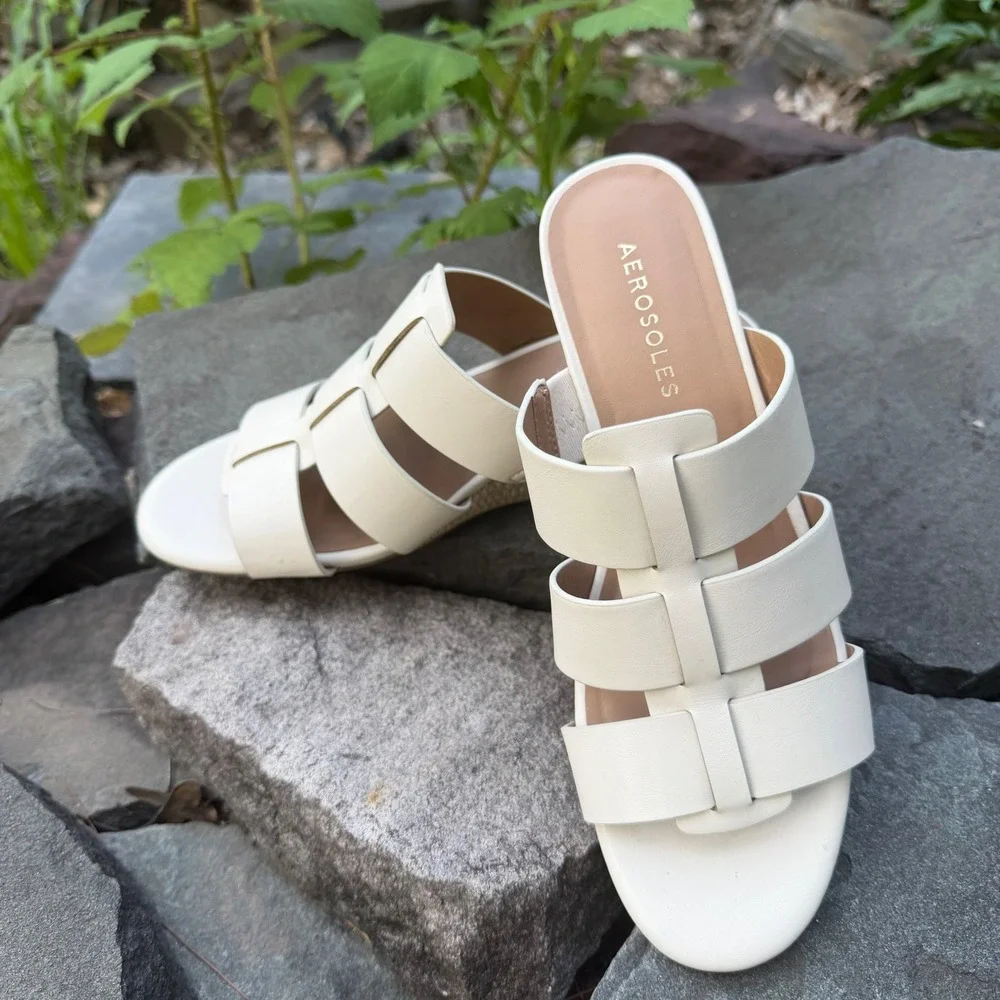 Aerosoles Wren Women 7M Cream Off White Strappy Wedge Espadrille Slide Sandals